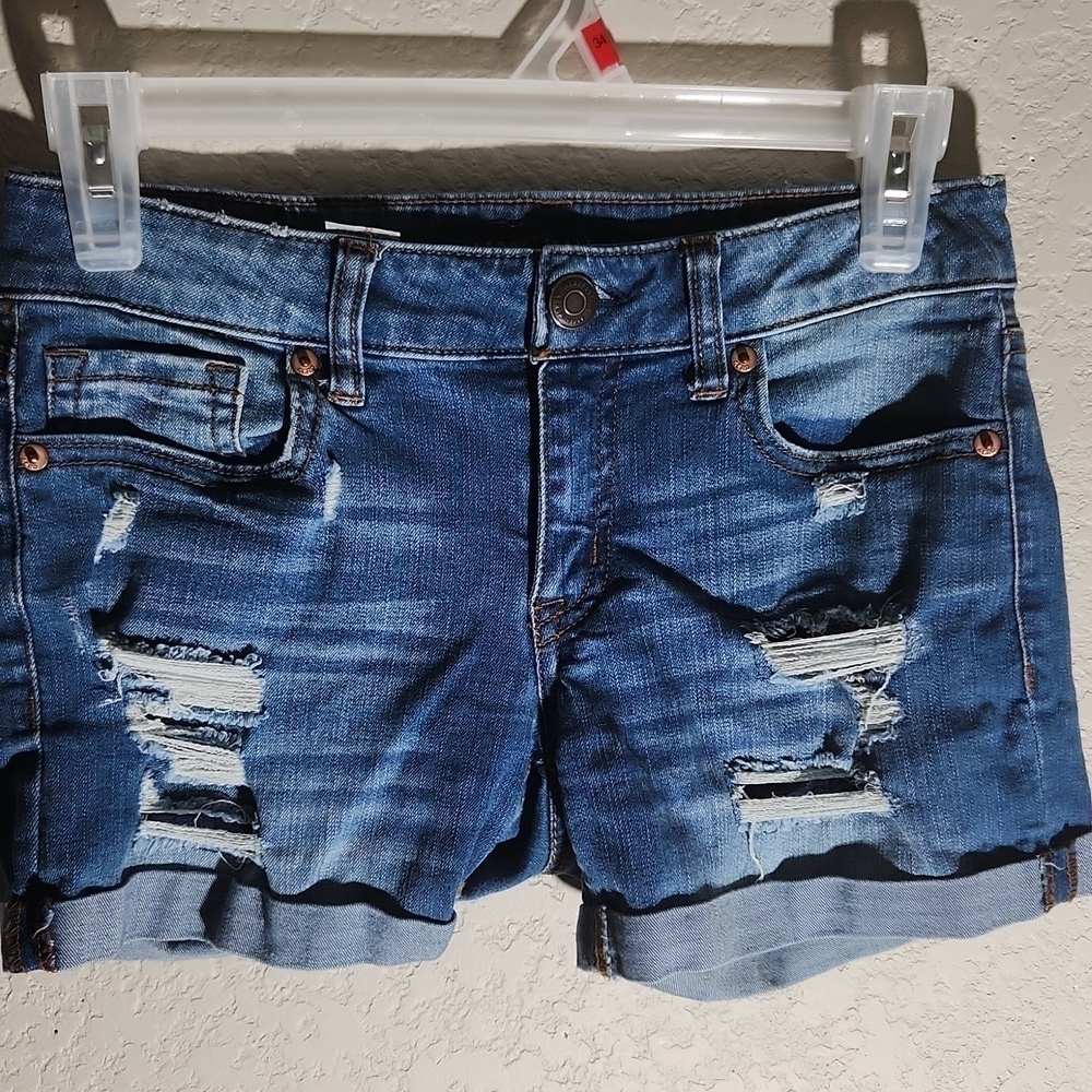 Aeropostale womens denim jean shorts size 0 distressed destroyed Midi stretch